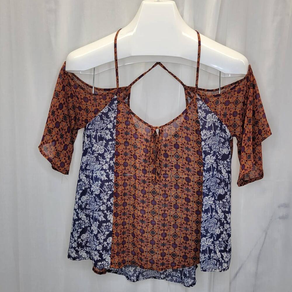 Intu Sheer Patchwork Floral Blouse w. Cris Cross Straps and Drop Sleeves, M